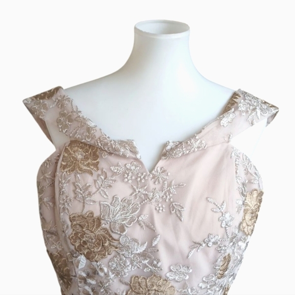 Calvin Klein Embroidered Nude/Blush Midi Off the Shoulder Strapless Sumner Dress - Picture 3 of 12